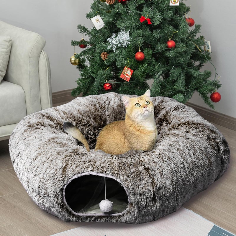 AUOON Cute Cat Donut Tunnel - Round Cat Tunnel Bed with Washable Cushion Interactive Cat Toy for Indoor Cats Kitten Kitty Puppy Rabbit Ferret (Pink) - Image 1
